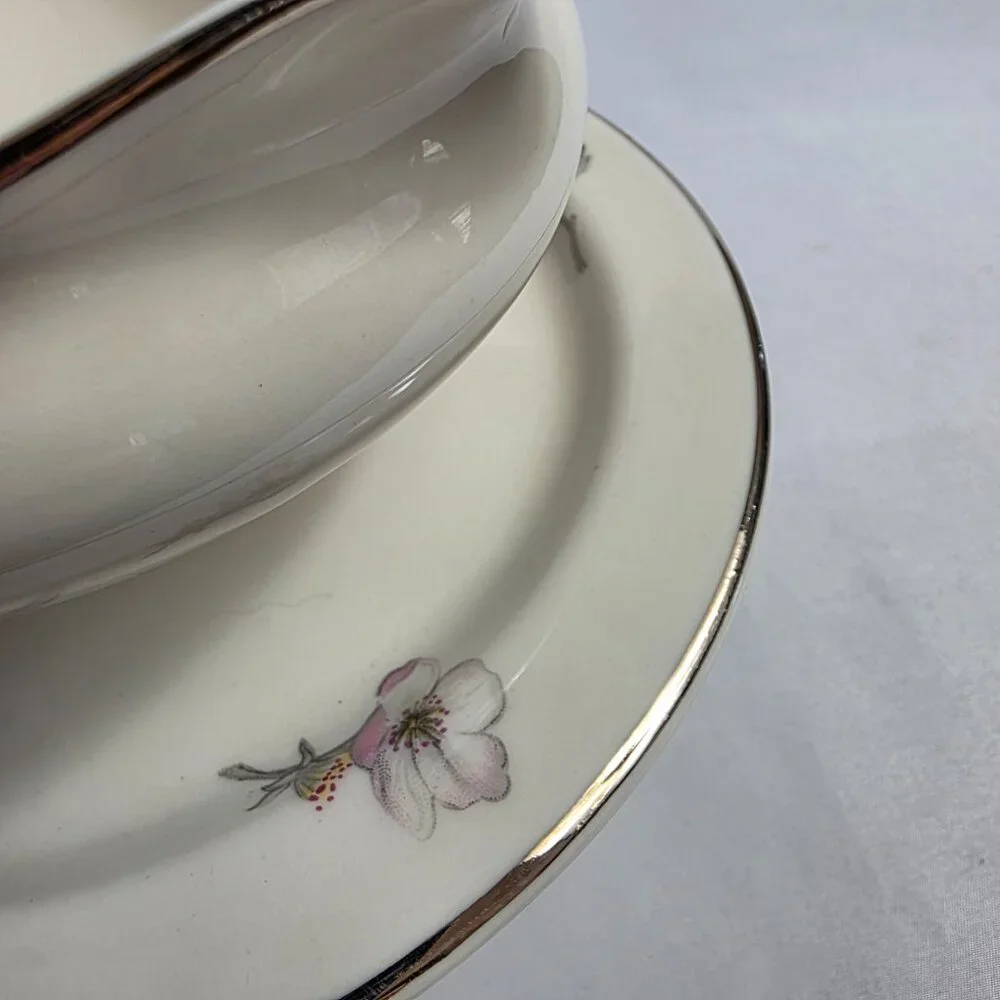 Manor House Spring Glory Gravy Boat & Underplate Pink & White Floral Gray Leaves